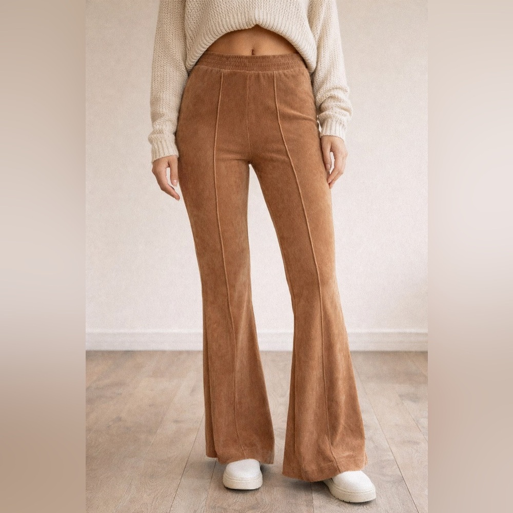 Aerie Groove On Flare Pants Small Brown Ribbed Velour High Rise Boho Lounge